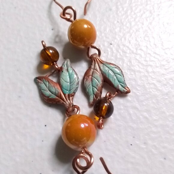 Handmade Copper Leaf Earrings ~ Patina Painted Fall Jewelry with Beaded Accents - Picture 6 of 10